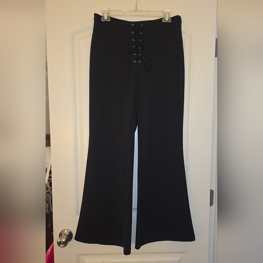 SHEIN Black Flare Pants with Lace-Up Detail Size Large - New